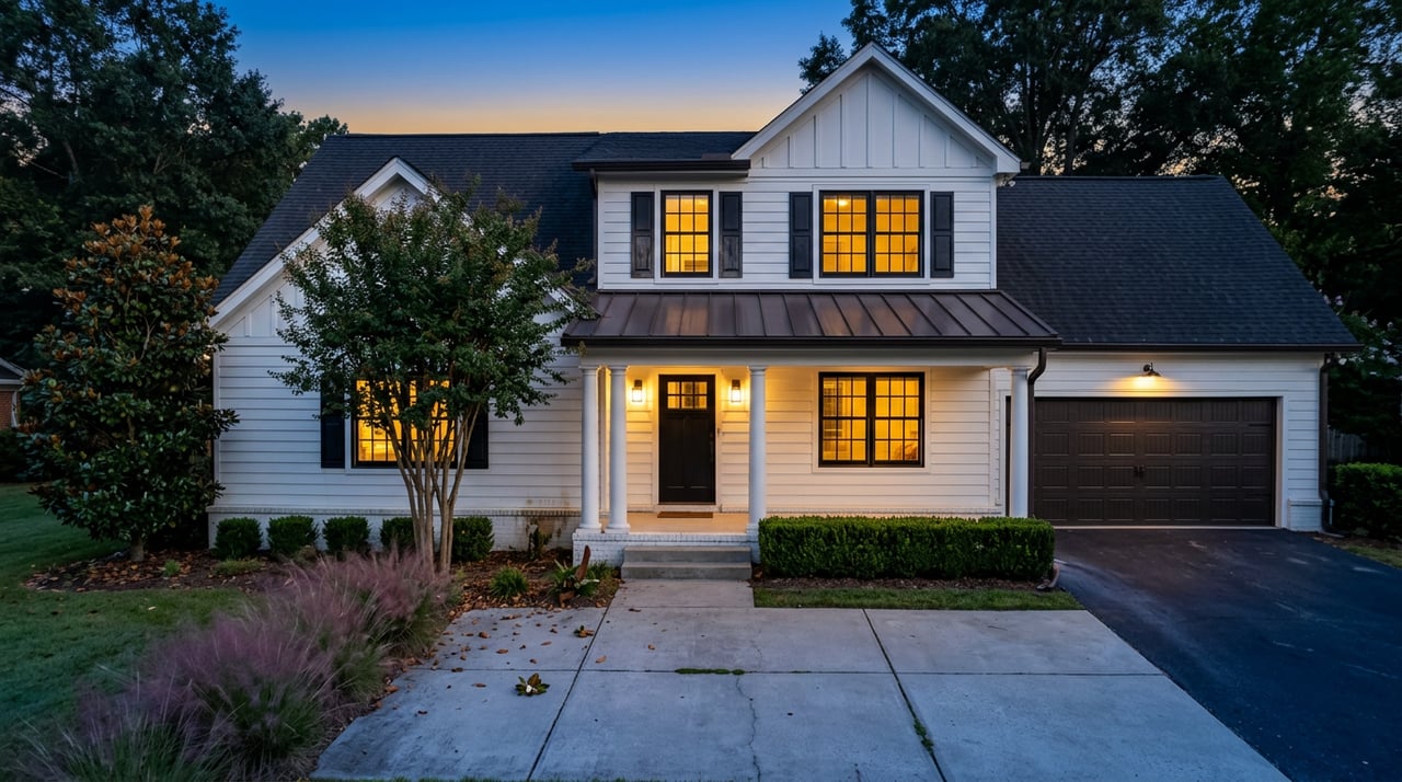 White farmhouse with a warmly lit porch and windows, framed by a front lawn and mature trees at twilight.