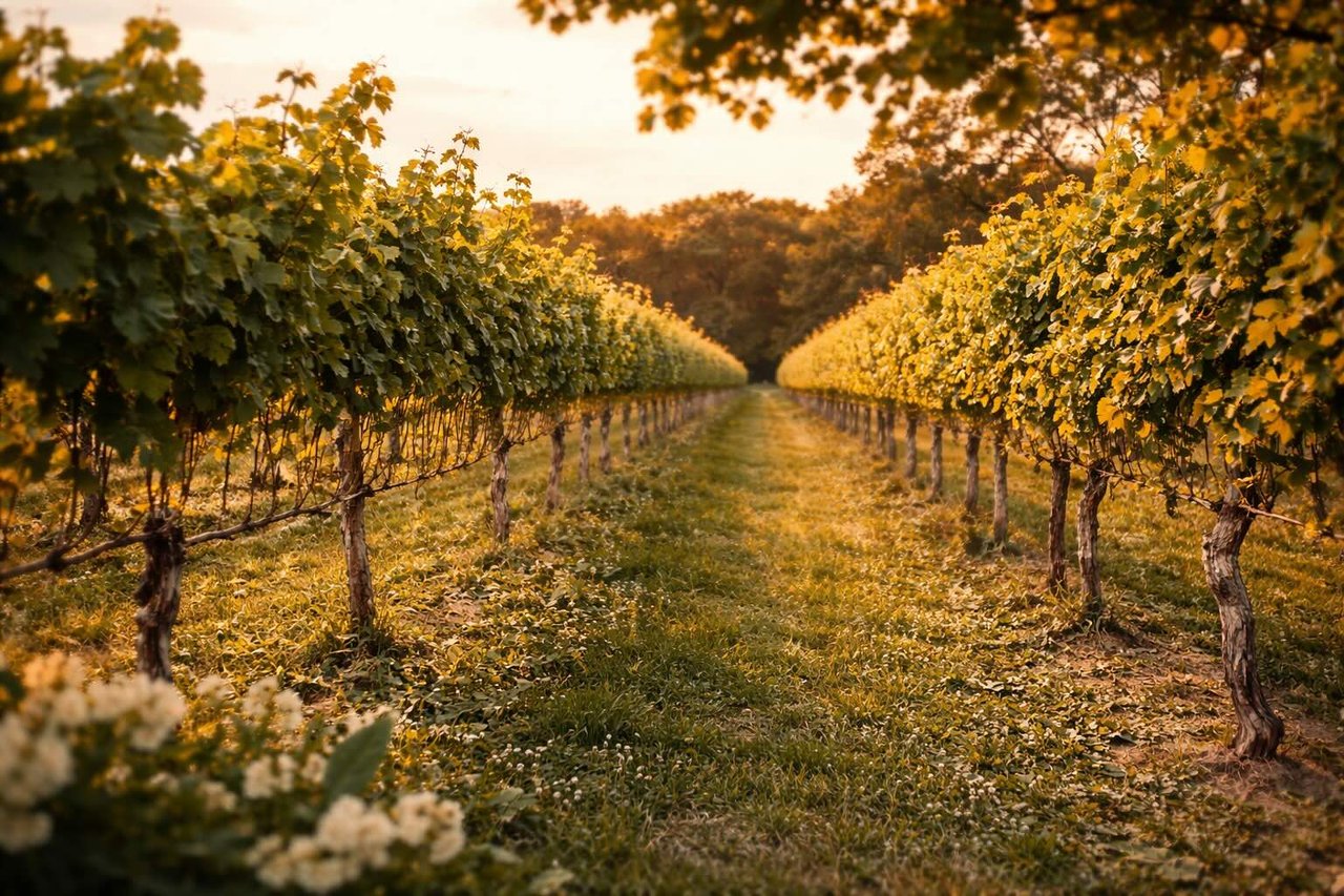 Borghese Vineyard in Cutchogue, rows of grape vines and a grassy path