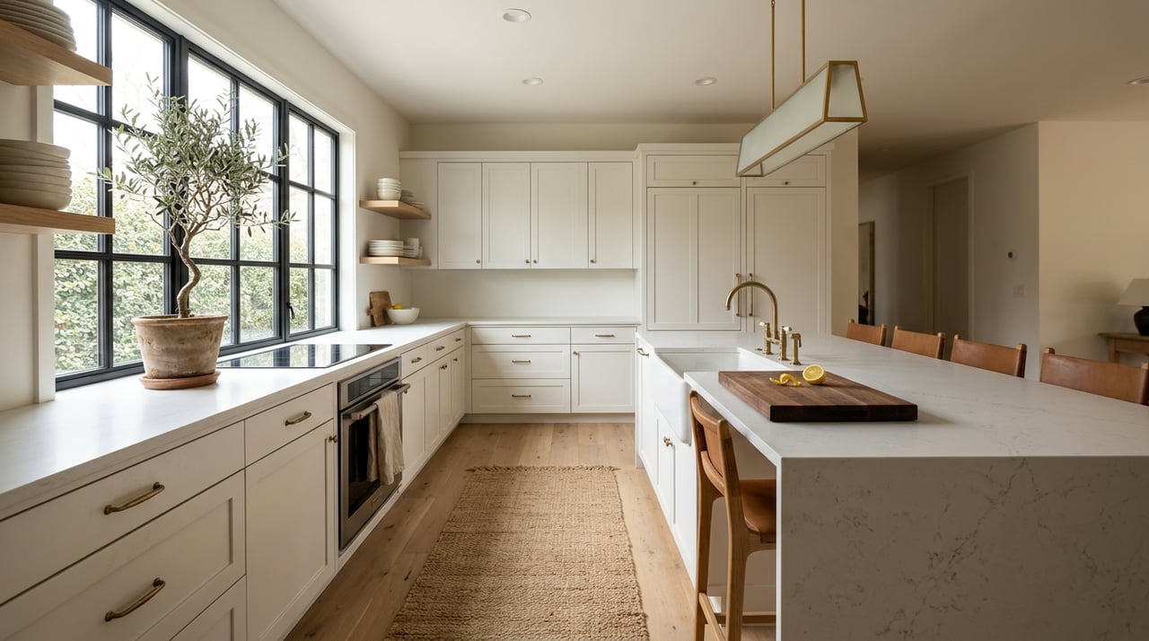 White shaker kitchen with a gray-veined quartz island, brass hardware, and an olive tree beside a black-framed window.