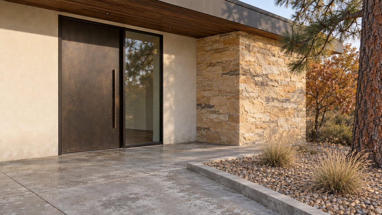 An elevated view of a cream stucco home's recessed bronze entry, sandstone wall, concrete terrace, and autumn planting beneath a mature pine.