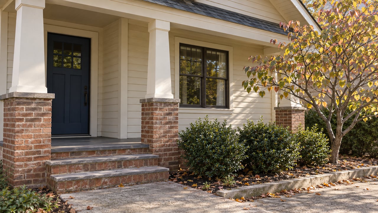 Cream-sided bungalow with a dark-blue entry door, brick porch bases, and shallow brick steps.