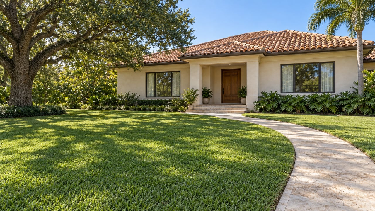 Cream stucco home with terracotta roof beyond a deep green lawn, a spreading live oak, and a single royal palm.