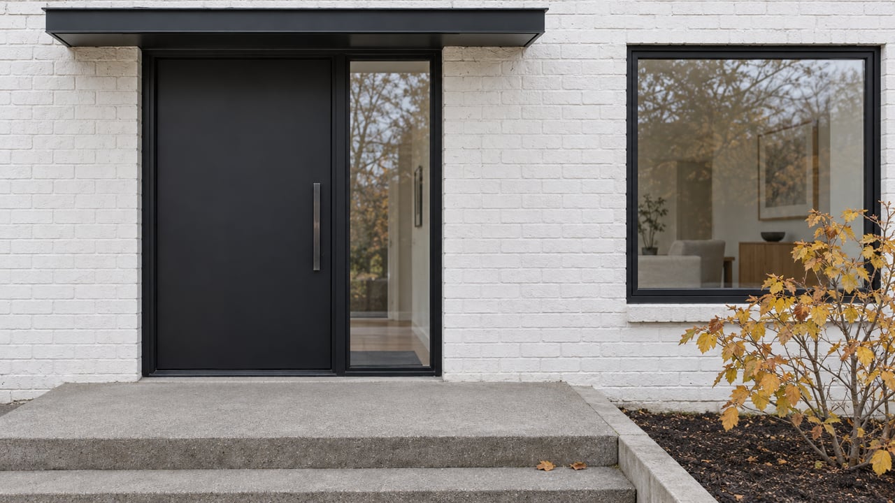 Modern white-brick home entrance with a black front door, concrete steps, and autumn leaves.