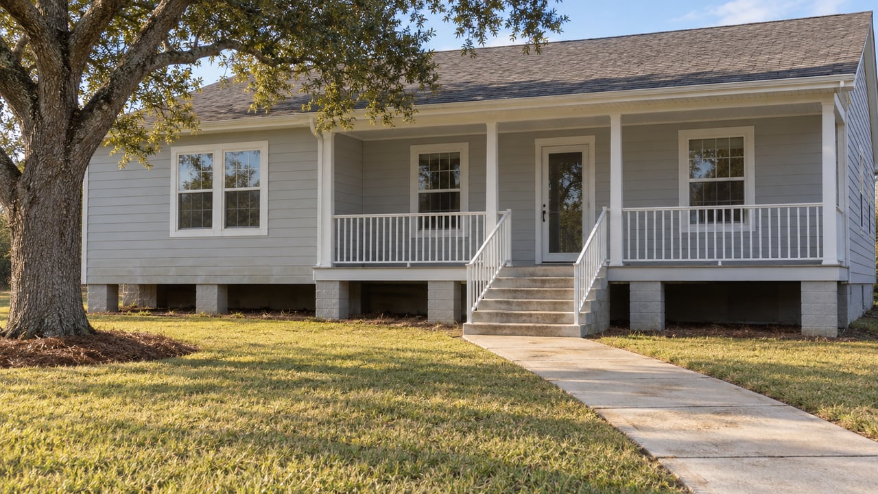 A pale-gray raised home with a covered porch, concrete front steps, broad lawn, and a mature spreading oak.