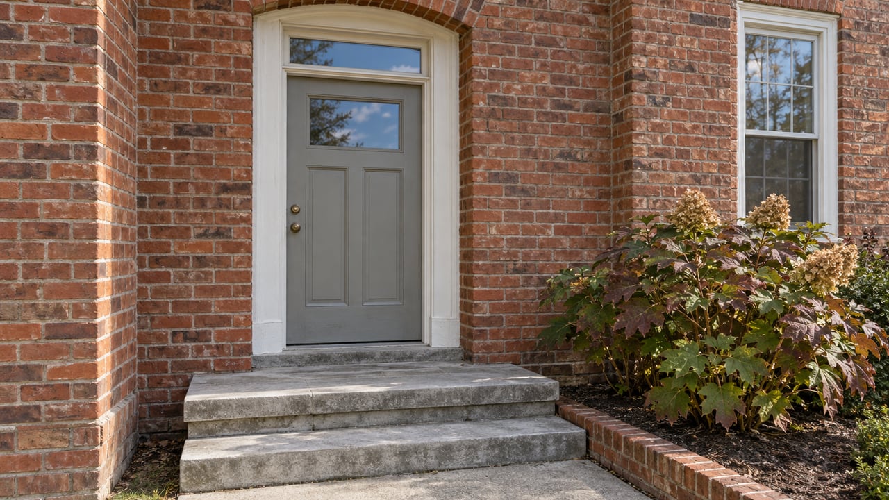 Close view of a brick home's gray entry door, arched brick surround and worn limestone steps beside an oakleaf hydrangea.