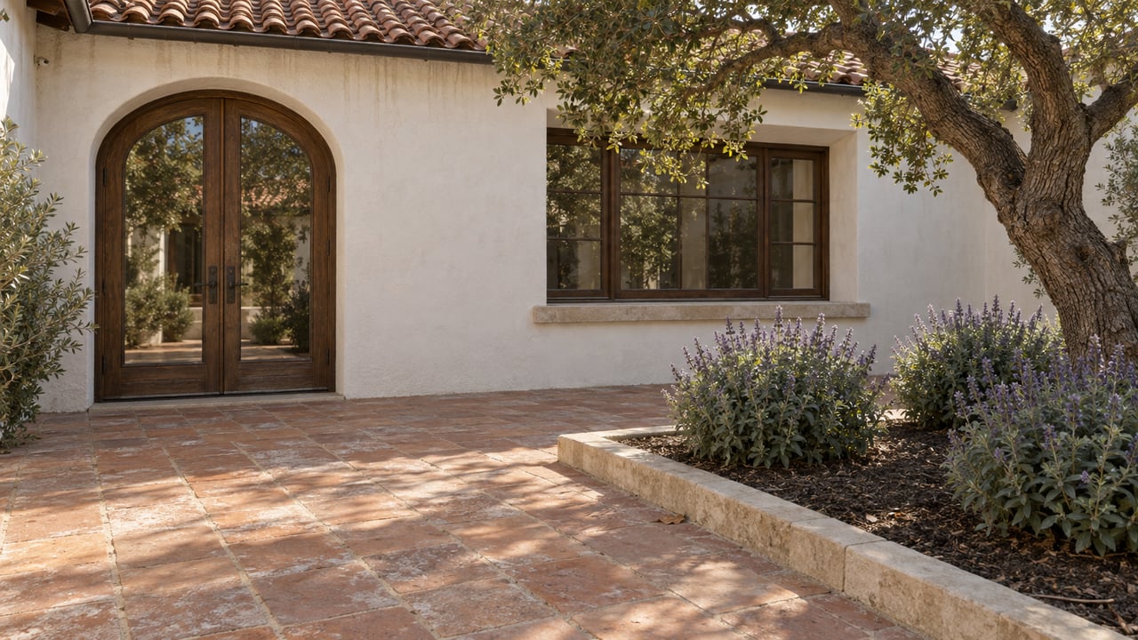 Sunlit terracotta courtyard beside a white stucco home with clay roof tiles, glazed oak doors and a mature live oak.