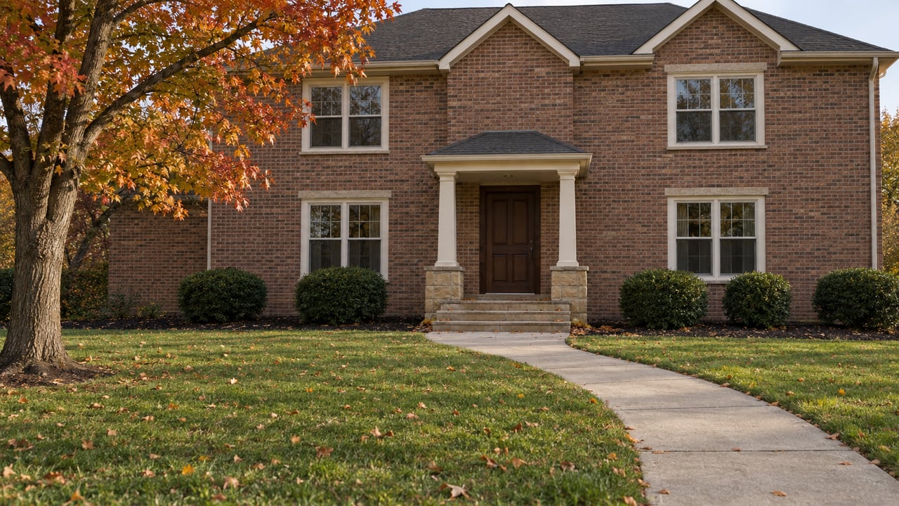 Autumn light on a brick home with a deep lawn, curved concrete approach, sandstone entry steps and an amber-red maple.