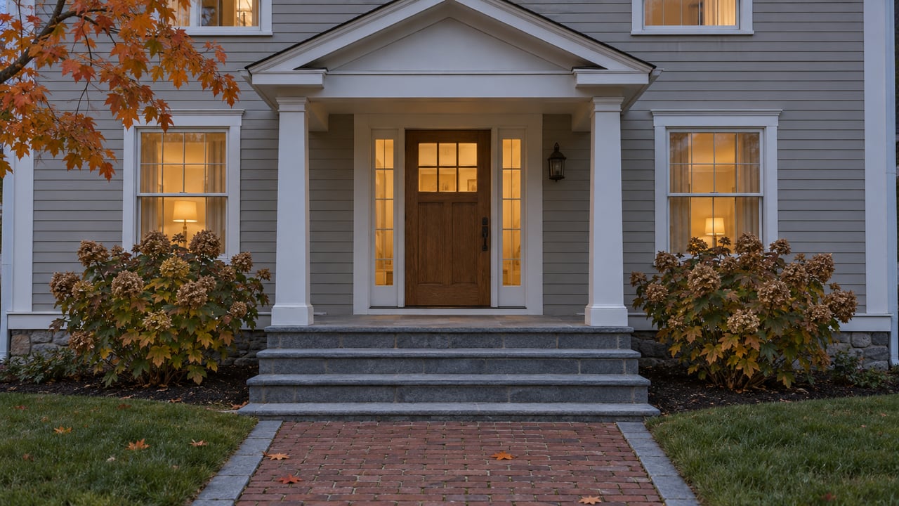 Traditional clapboard home at dusk with warm entry glazing, stone porch steps, brick approach and autumn oakleaf hydrangeas.