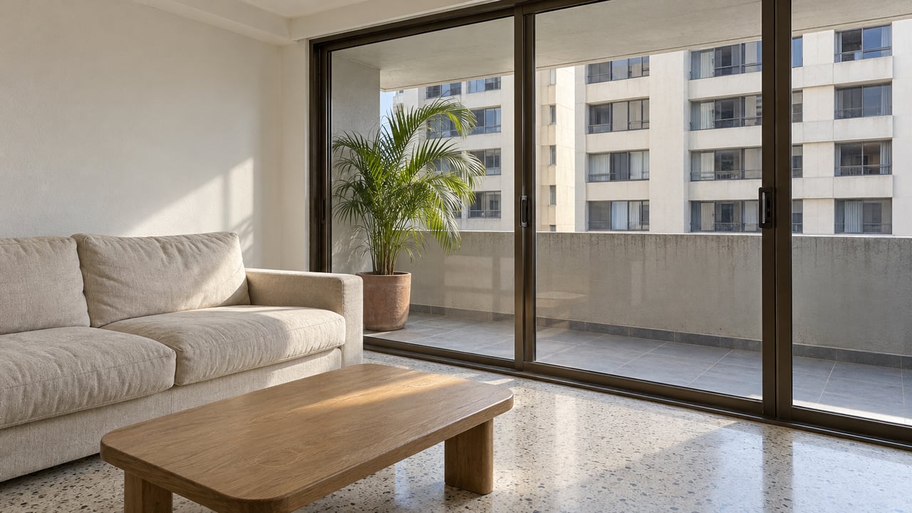 Sunlit condominium living room with cream terrazzo, a linen sofa and bronze-framed glass doors opening visually onto a covered concrete balcony.