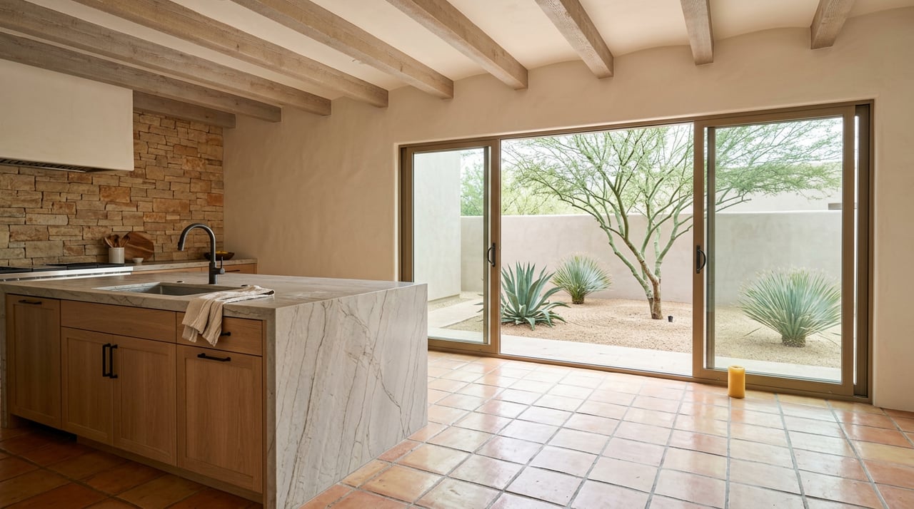 Open kitchen with oak cabinetry and saltillo tile, opening onto a courtyard with a palo verde and agave.