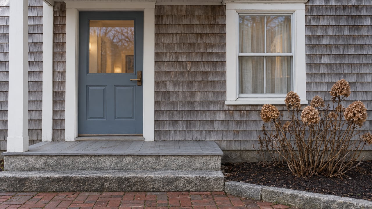 Weathered cedar shingles frame a slate-blue front door and softly lit window above granite steps and a brick approach.