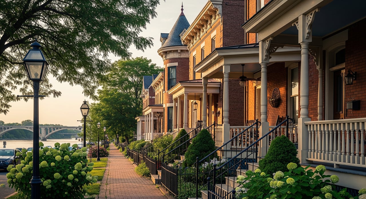 Brick row houses line a tree-shaded sidewalk beside a river, with iron stoops and streetlamps.