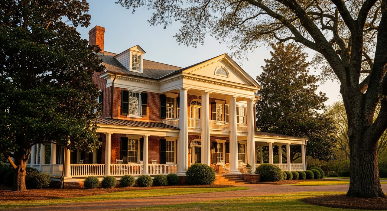 Large red-brick mansion with white columns, framed by mature trees and a green lawn.