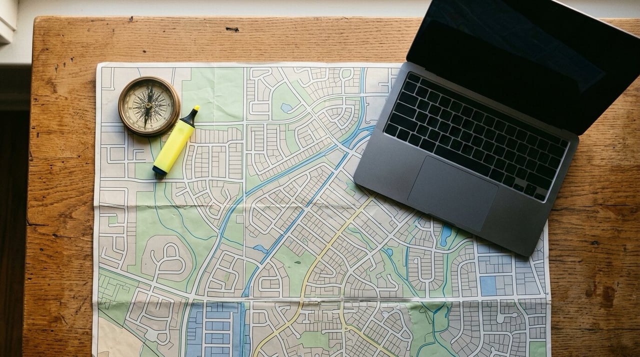 Street map and laptop on a desk for comparing Leander ISD and Round Rock ISD boundaries by address