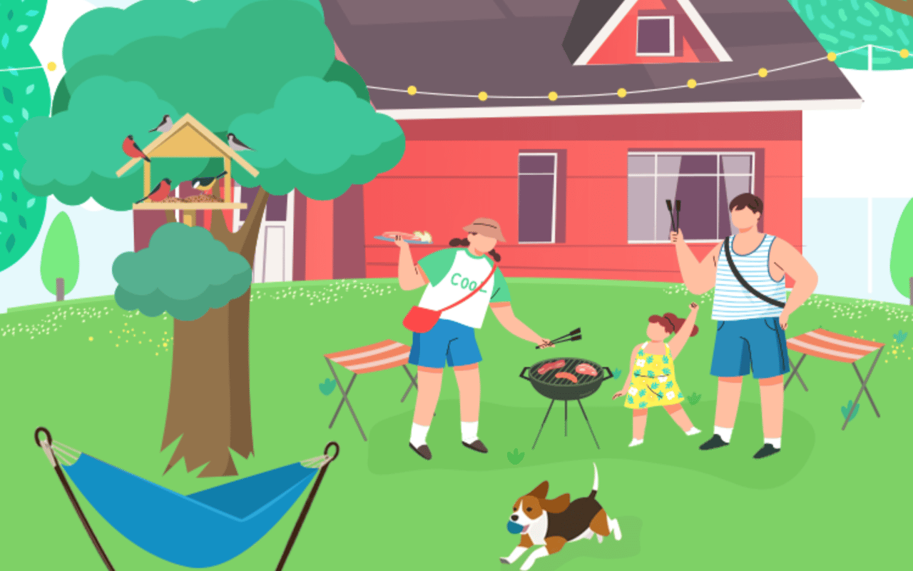 Family barbecuing in a backyard with a hammock, bird feeder, and playful dog.