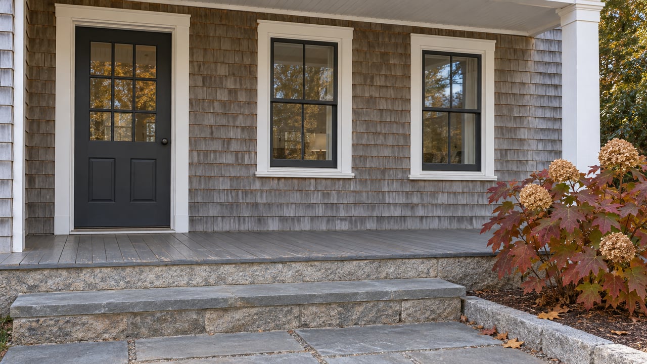 Weathered cedar-shingle house porch with a charcoal glazed door, white-trimmed windows, bluestone steps and autumn oakleaf hydrangea.