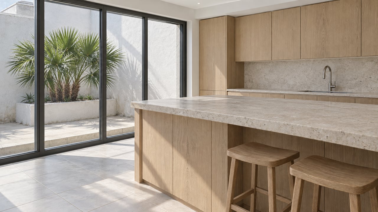 Sunlit kitchen with a limestone island, pale oak cabinetry and closed glass overlooking a compact stucco courtyard.