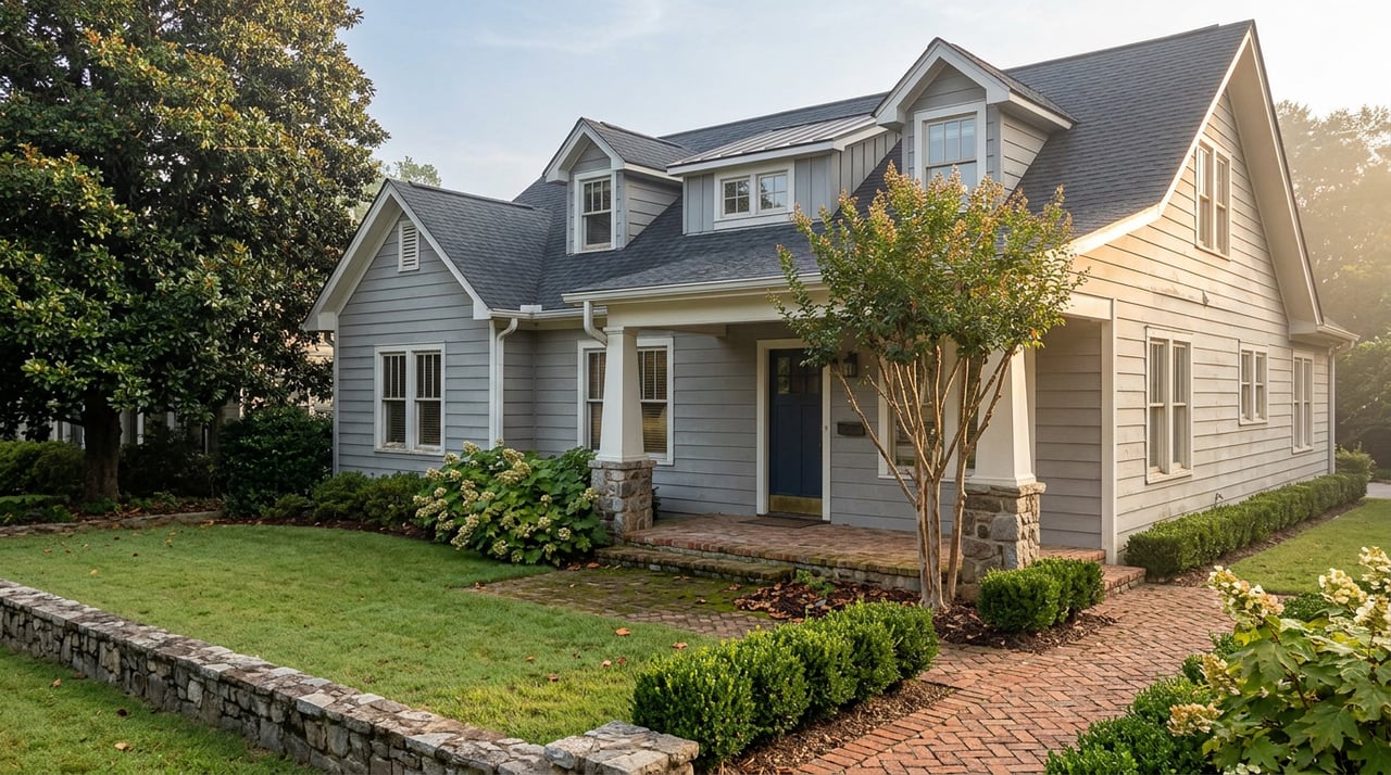Craftsman home with gray siding, two dormers, a brick walkway, fieldstone wall, and flowering crape myrtle.