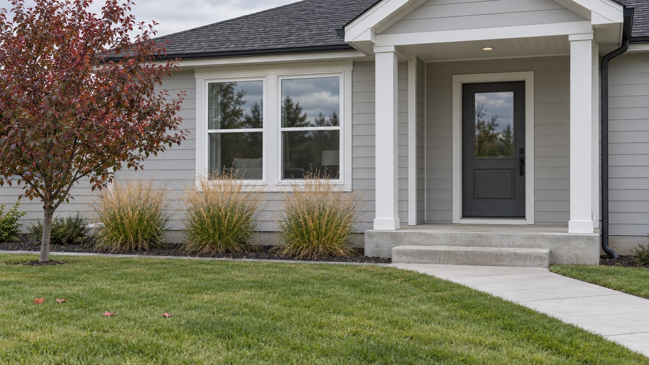 Light-gray house with a covered porch, white-framed windows, a deep front lawn and carefully edged autumn planting beds.