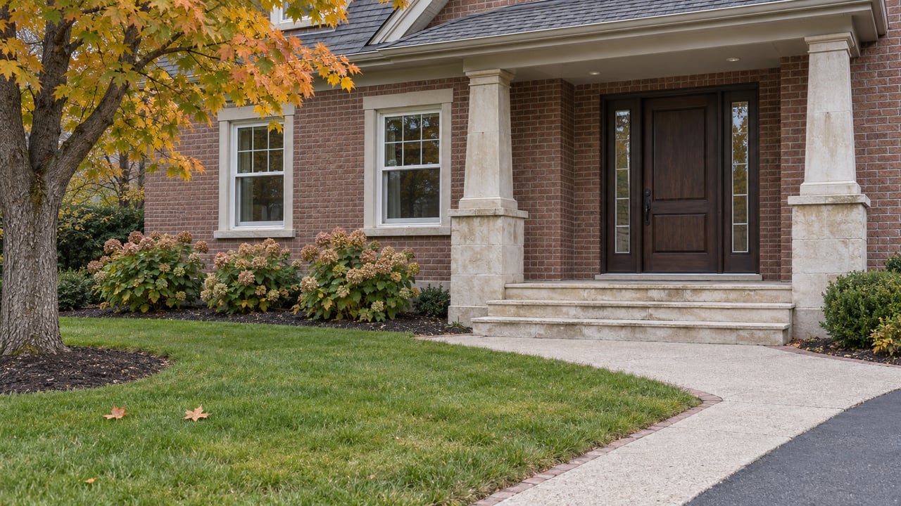 Autumn lawn and a concrete approach lead to a covered limestone entry on a red-brown brick home, with paired windows and drying hydrangea flowers.