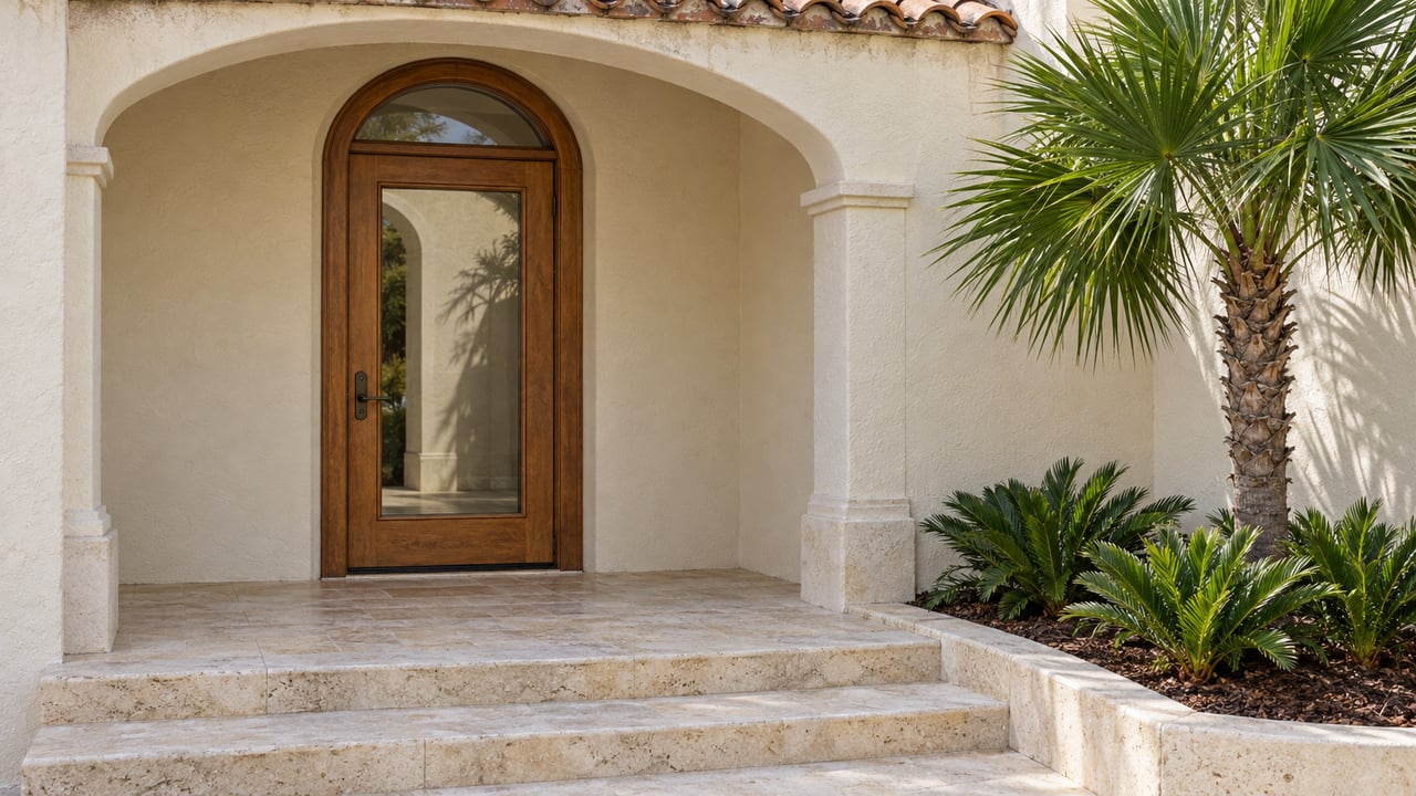 Cream stucco entry porch with an arched oak-and-glass door, limestone steps, and a specimen fan palm.