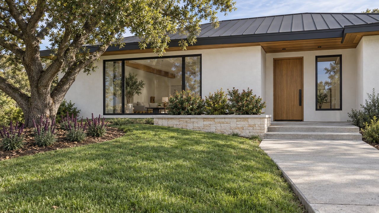 Warm-modern home with dark-framed windows, cedar eaves and a concrete entry approach across a sloping lawn beside a mature oak.