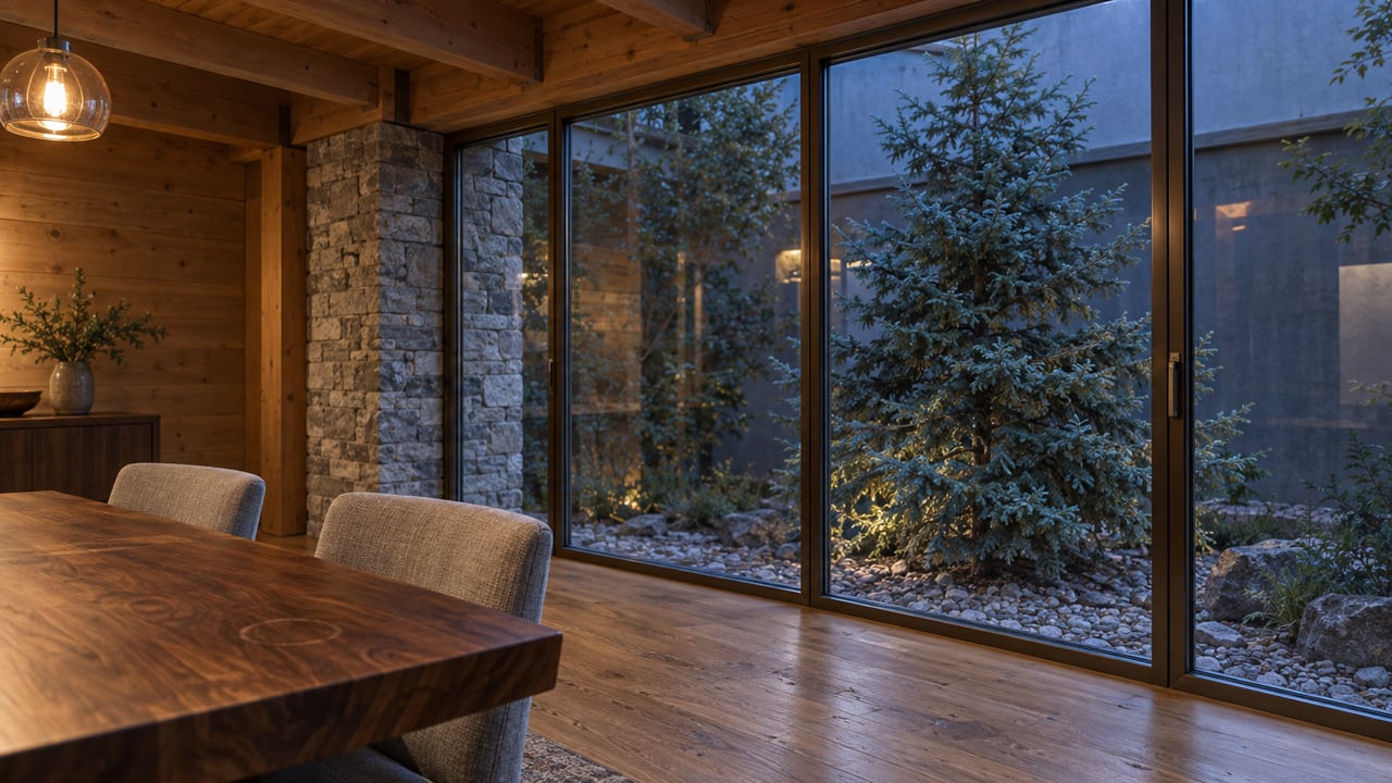 Dining room with a walnut table, timber beams, and a spruce visible through closed glass.