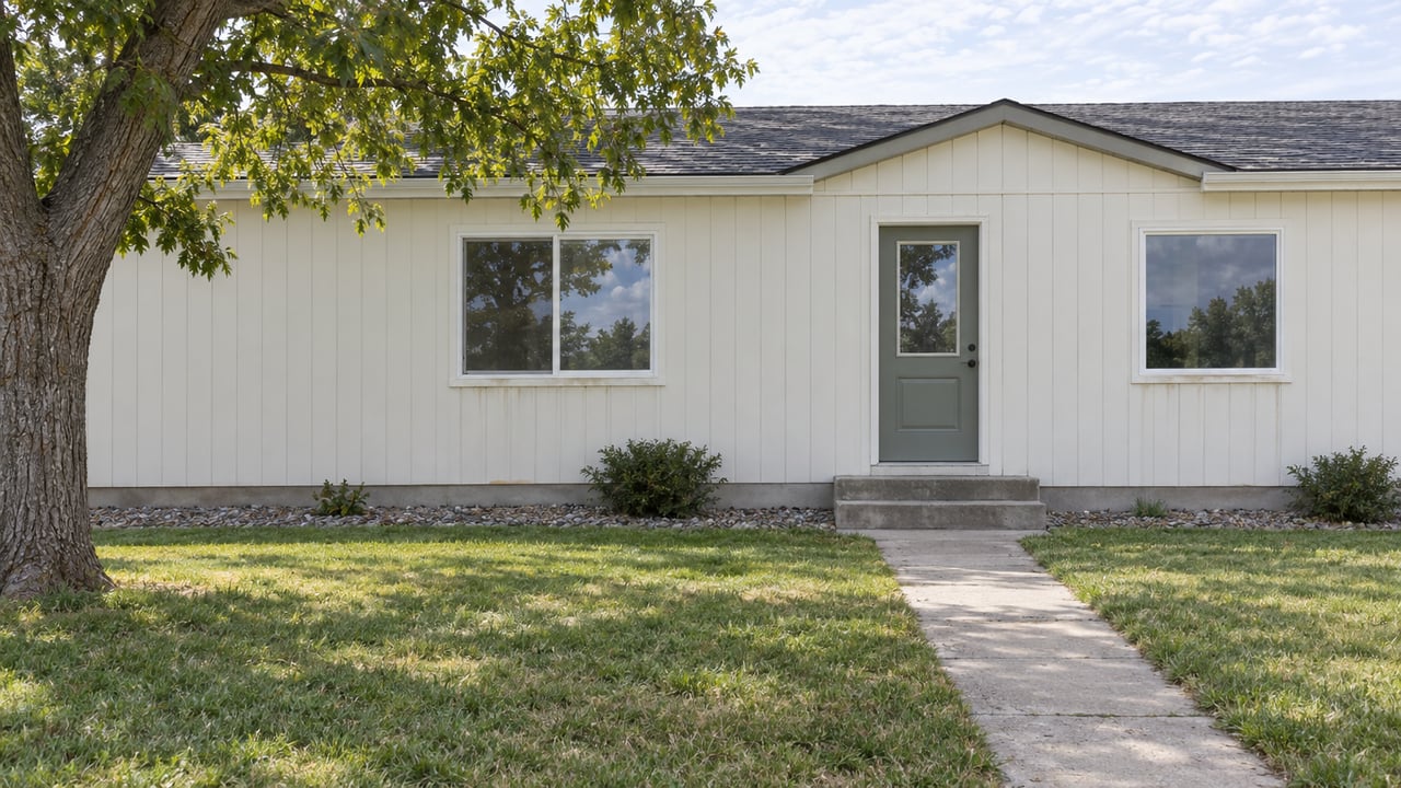 Single-story white double-wide with two front windows, a two-step stoop, and a deep lawn beneath an oak tree.