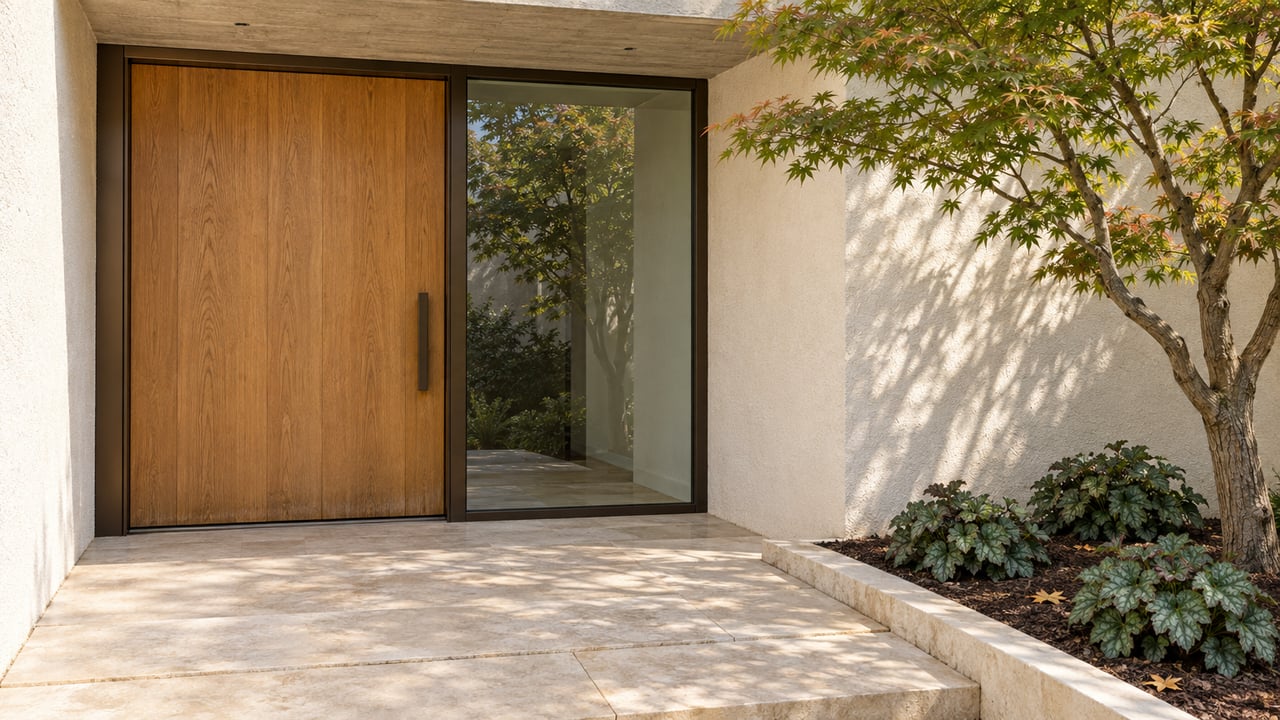 Oak entrance door and bronze-framed sidelight beneath a concrete canopy, beside a Japanese maple and limestone approach.