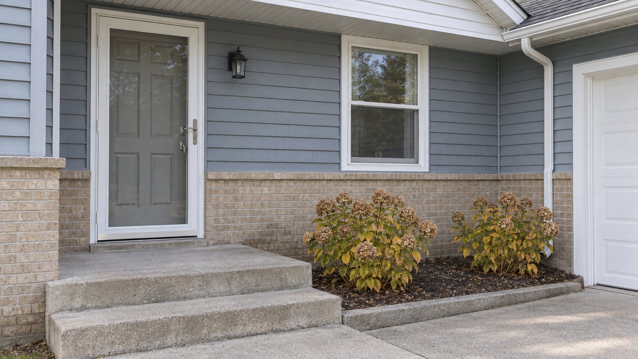 A closed front entry with white storm door, blue-gray siding, buff brick, worn concrete steps and two hydrangeas with dried autumn blooms.