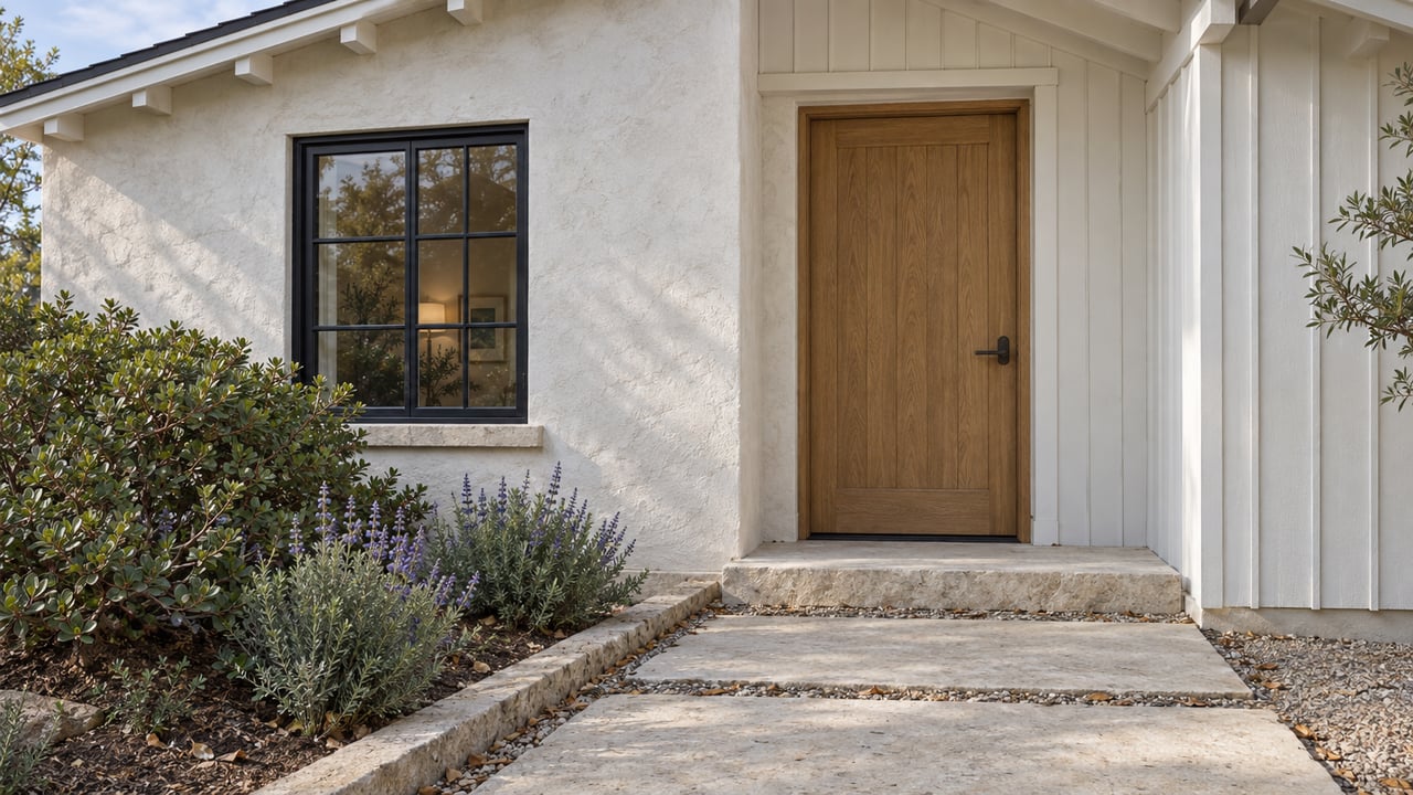 Coastal cottage entry with an oak door, black-framed window, limestone steps, and a small planted bed.
