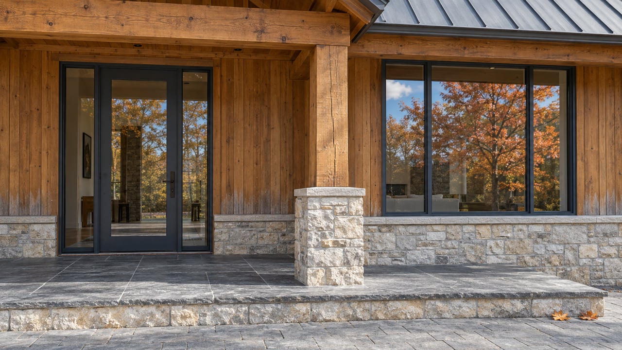 Covered home entry with weathered cedar siding, a heavy timber post, limestone base, charcoal-framed glazing, and a slate step in autumn light.
