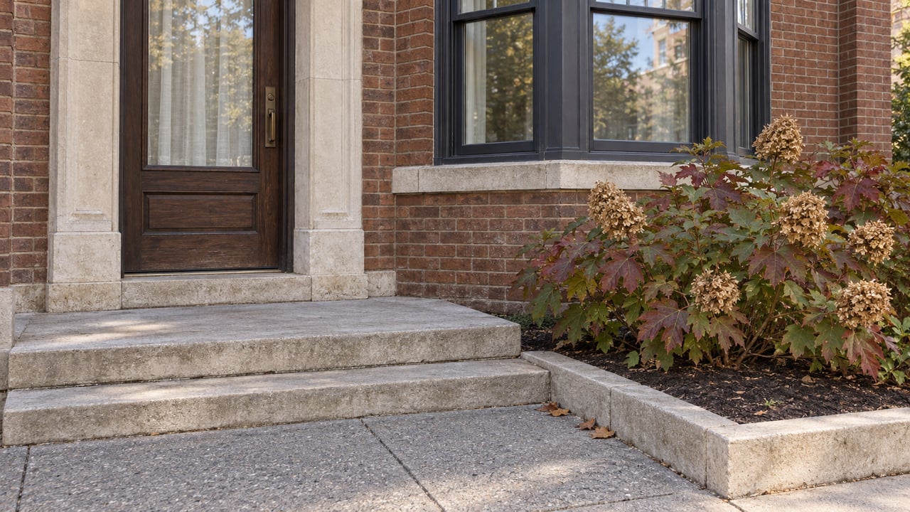 Brick residential entrance with a closed oak door, limestone steps, bay windows and autumn oakleaf hydrangea.