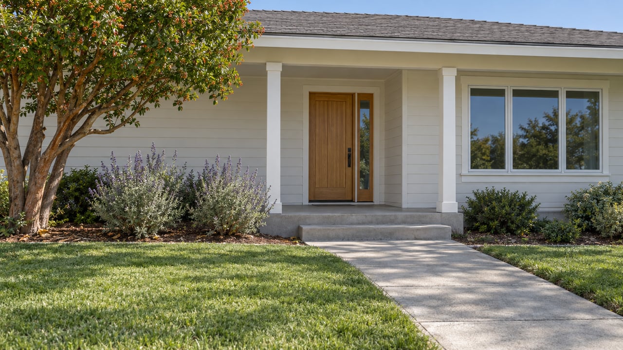 A light-sided single-story home with a shaded porch, oak front door, concrete approach and deep green lawn.