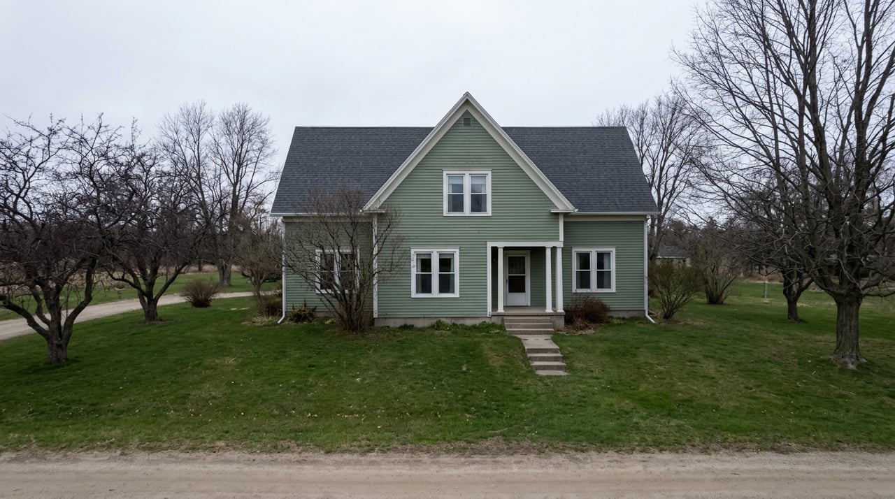 Two-story slate-blue gable-front house beyond a deep lawn, with flagstone walkway, porch, and flowering shrubs.