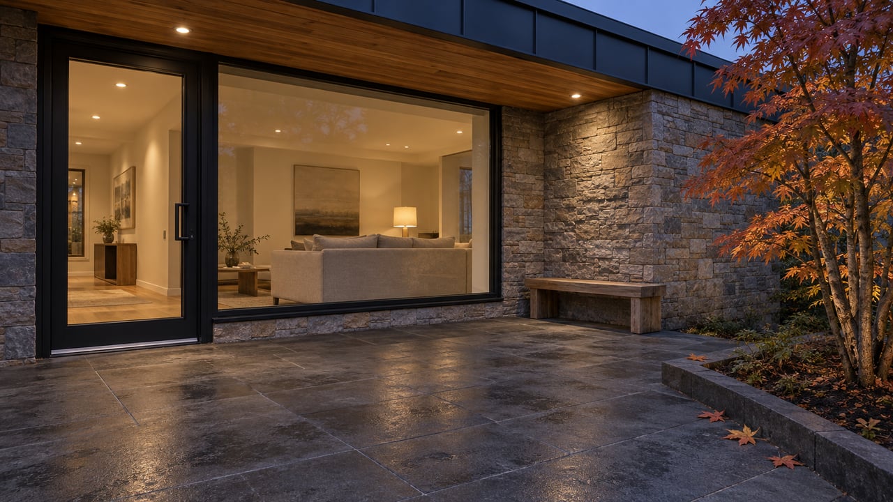 Contemporary home's covered basalt terrace at dusk, with cedar soffit, stone walls, closed glazing and an autumn vine maple.