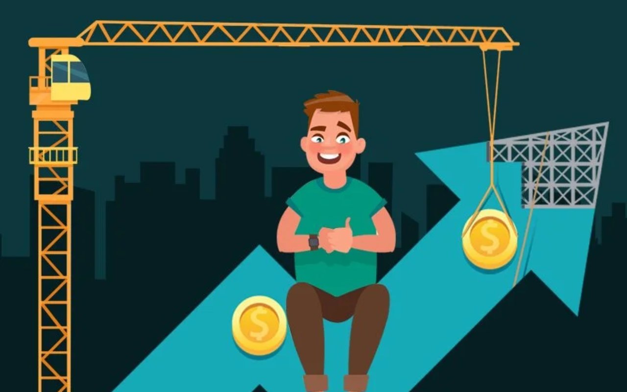 Smiling young man sits beside a rising arrow and dollar coins, illustrating home equity growth.