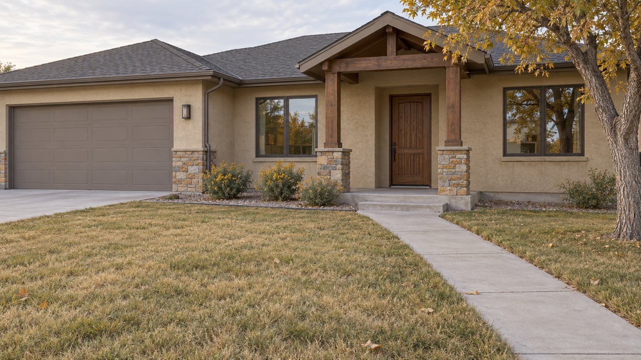 Buff stucco single-story home with a timber-gabled porch, sandstone piers, and a deep autumn lawn beneath a branching hackberry.