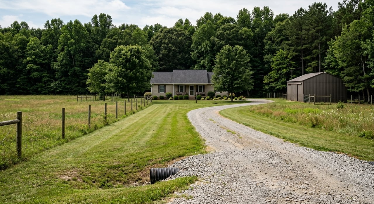 Ranch house and pole barn beyond a gravel driveway, with a mowed lane and treeline.