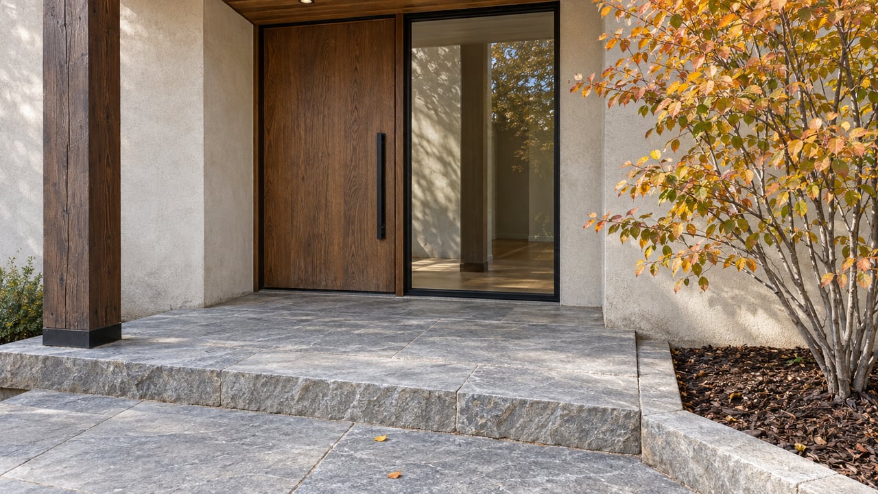 A sheltered contemporary home entrance with an oak door, black-framed glass, timber post and gray stone steps beside autumn serviceberry foliage.