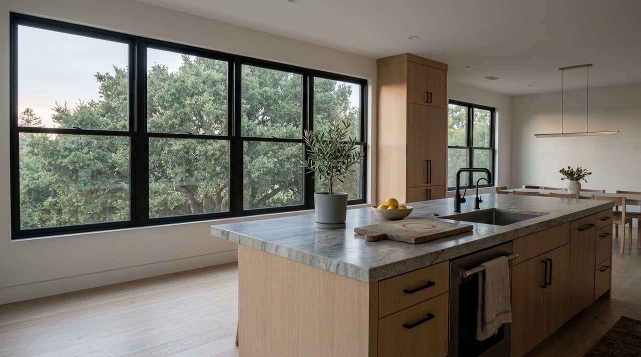 Open-plan kitchen with a pale stone island, white oak cabinets, black-framed windows, and a potted olive tree.