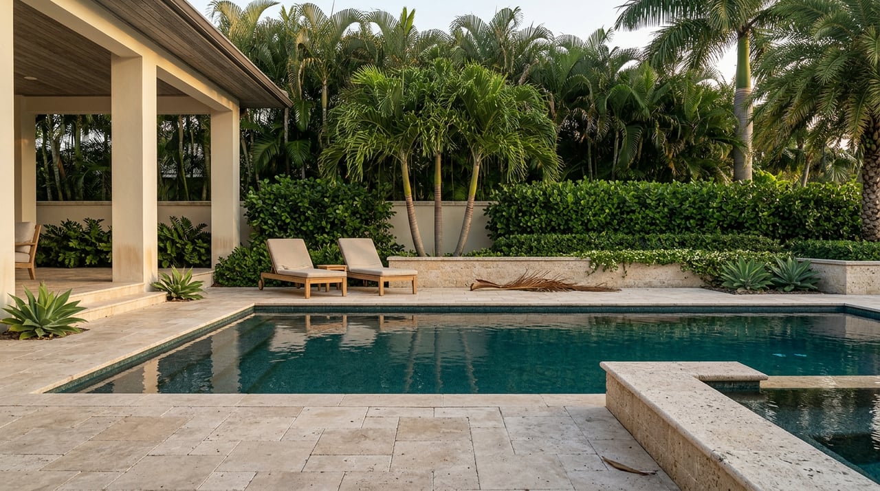 Travertine terrace and teal pool lead toward a covered loggia, framed by palms and loungers.