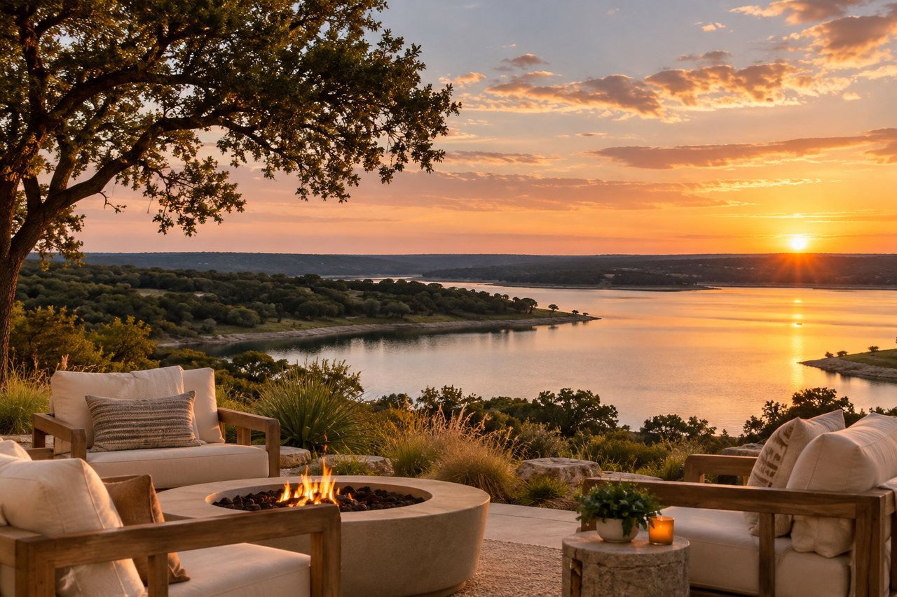 Furnished patio with a fire pit overlooking a lake at sunset.