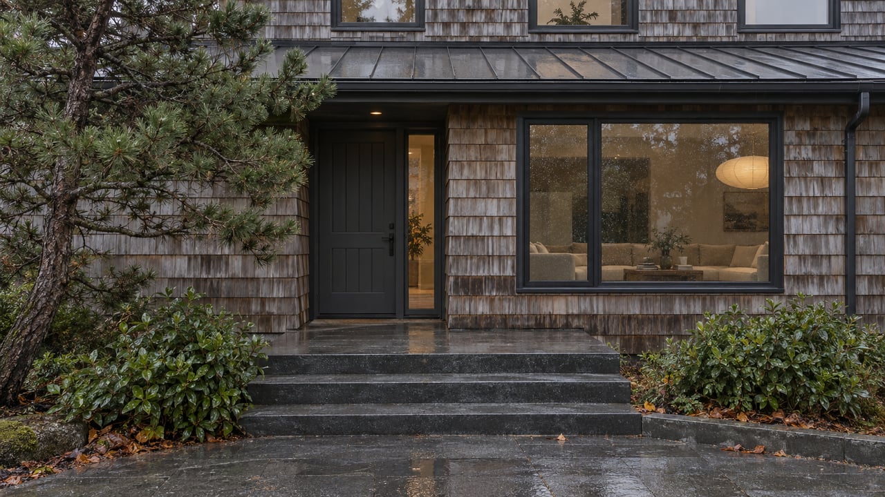 Cedar-shingled house with a recessed door, broad window, basalt steps, shore pine, and rain-wet huckleberries.