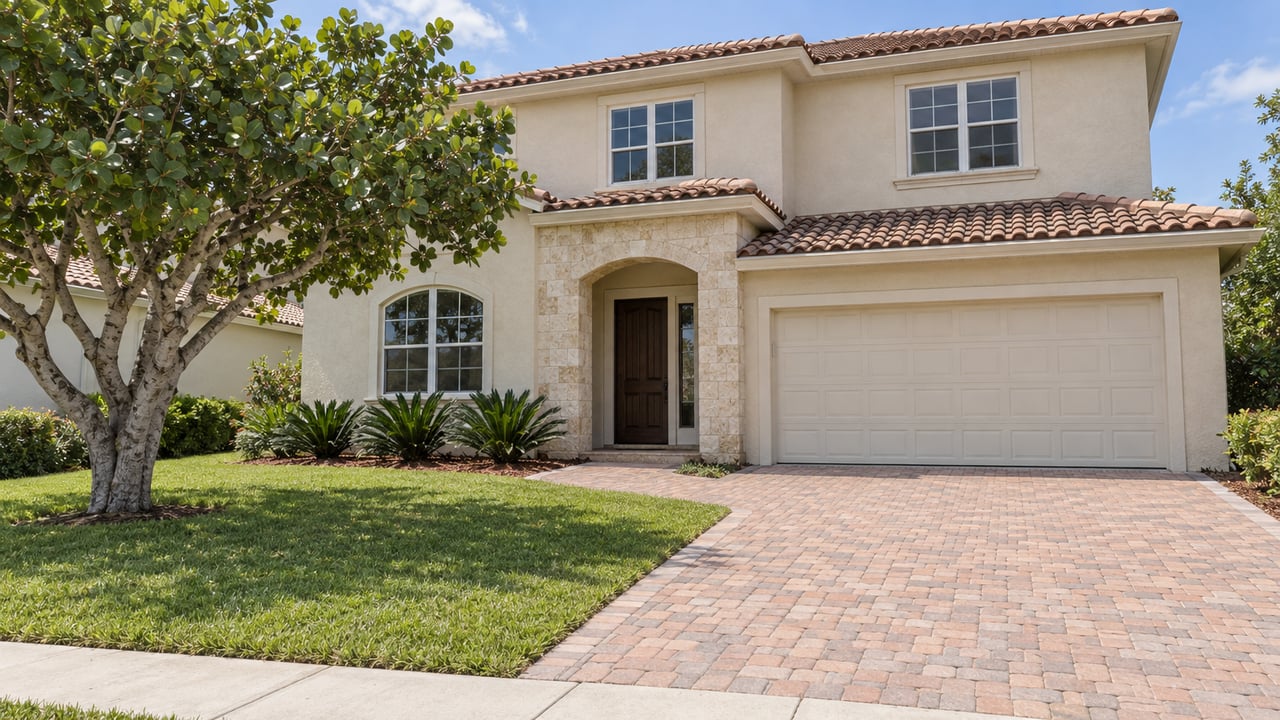 Two-story cream stucco home with rose-tan barrel tiles, a paver driveway, deep front lawn and a sculptural sea grape tree.