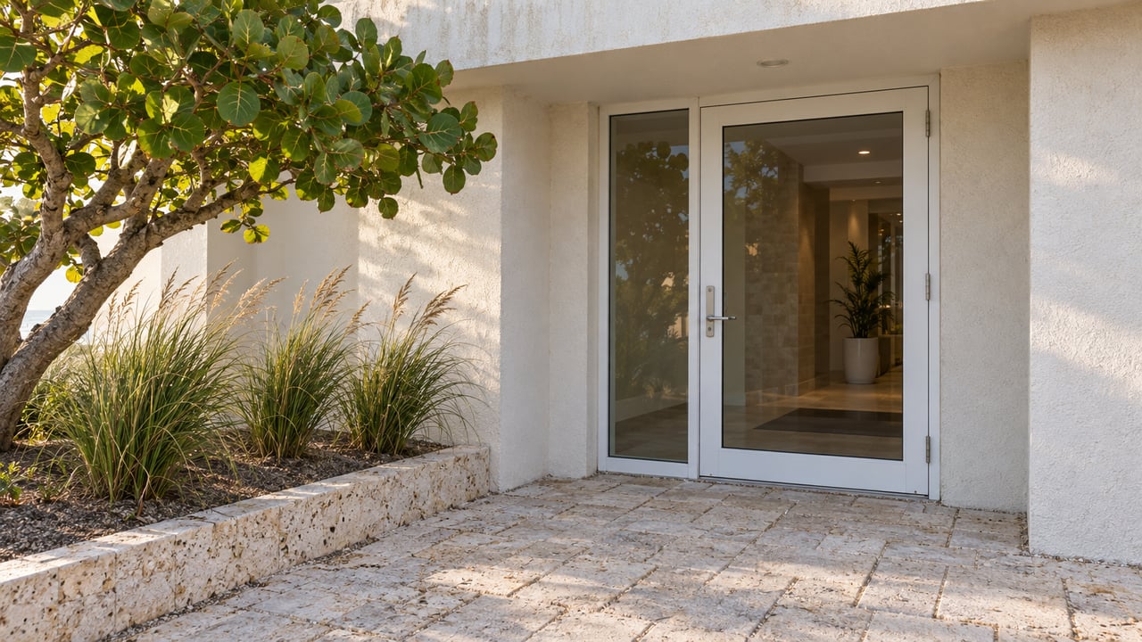 Condominium entrance with a glazed door, shellstone pavers, and a pruned sea grape tree beside dune grass.