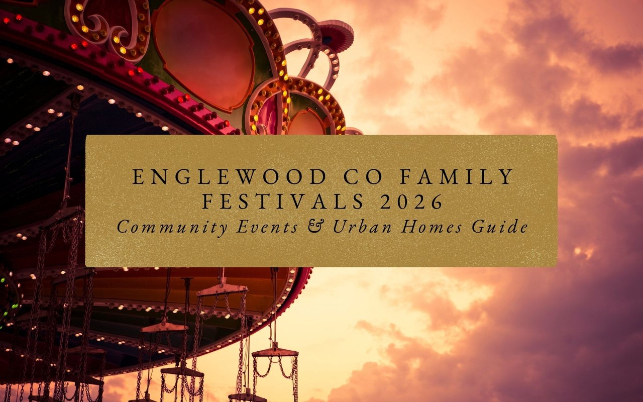 Summer street fair in Englewood with kids on carnival rides, food trucks, and families enjoying fireworks at dusk.