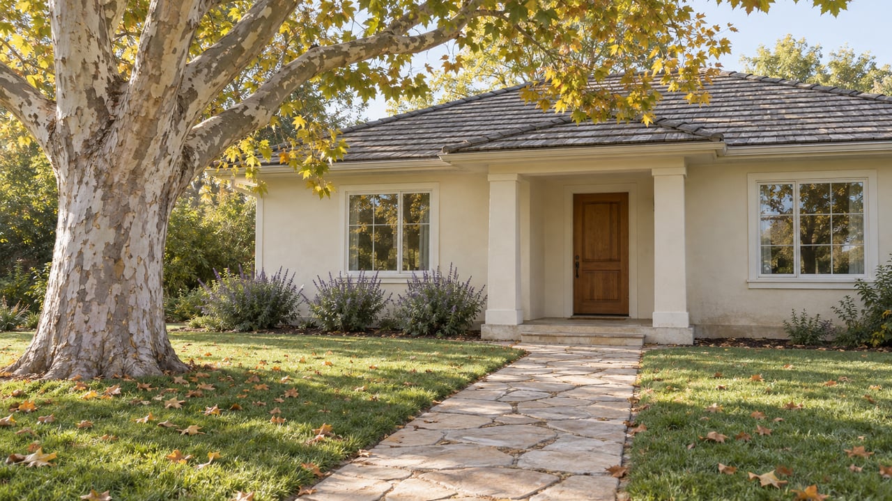 Cream stucco house with a sandstone path crossing the lawn beneath an ochre-leaved sycamore.