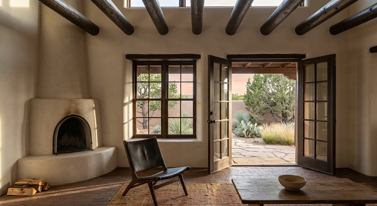 Plaster room with dark vigas, kiva fireplace, and doorway to a covered portal garden.