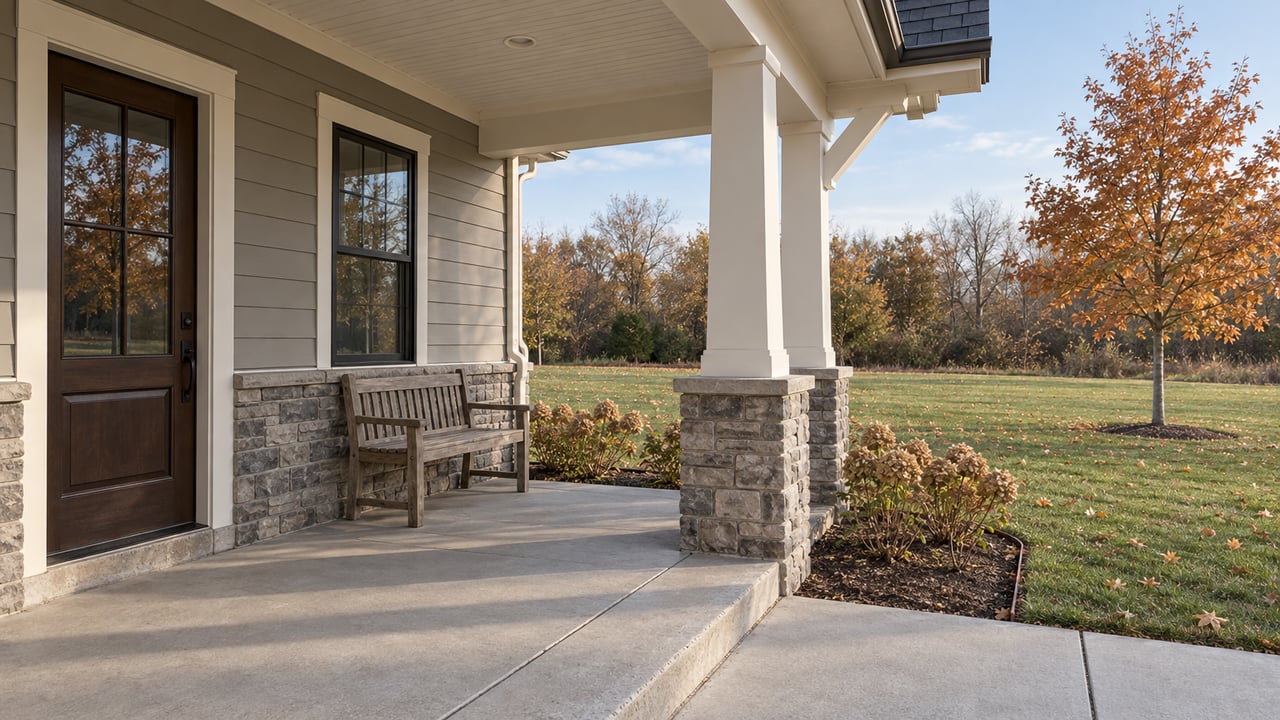 Covered porch with gray lap siding, stone post bases and a concrete approach overlooking an autumn maple and a broad lawn.